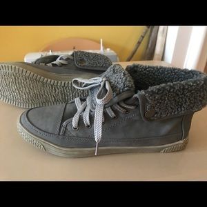 Grey Leather Shearling Bootie Sneakers